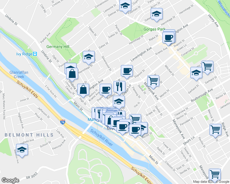 map of restaurants, bars, coffee shops, grocery stores, and more near 227 Krams Avenue in Philadelphia
