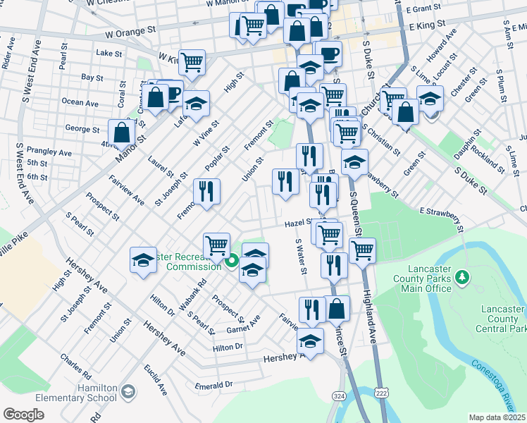 map of restaurants, bars, coffee shops, grocery stores, and more near 424 Hillside Avenue in Lancaster