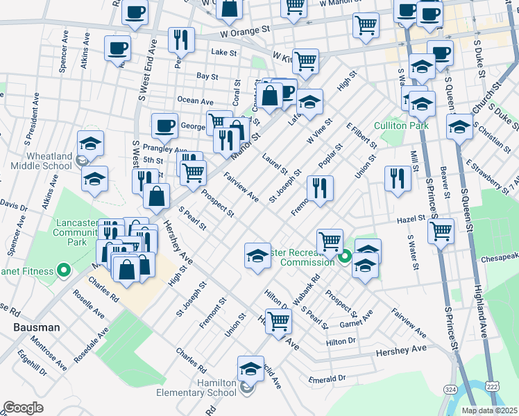 map of restaurants, bars, coffee shops, grocery stores, and more near 119 Fairview Avenue in Lancaster