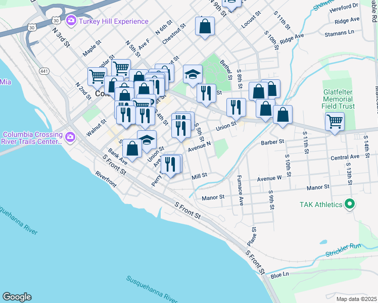 map of restaurants, bars, coffee shops, grocery stores, and more near 209 South 4th Street in Columbia