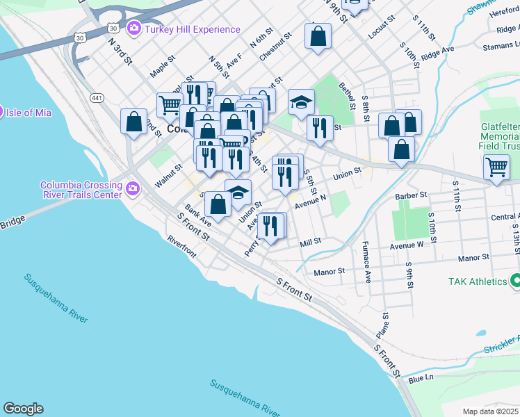 map of restaurants, bars, coffee shops, grocery stores, and more near 319 Union Street in Columbia