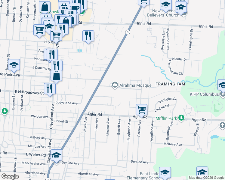 map of restaurants, bars, coffee shops, grocery stores, and more near 2118 Albert Avenue in Columbus