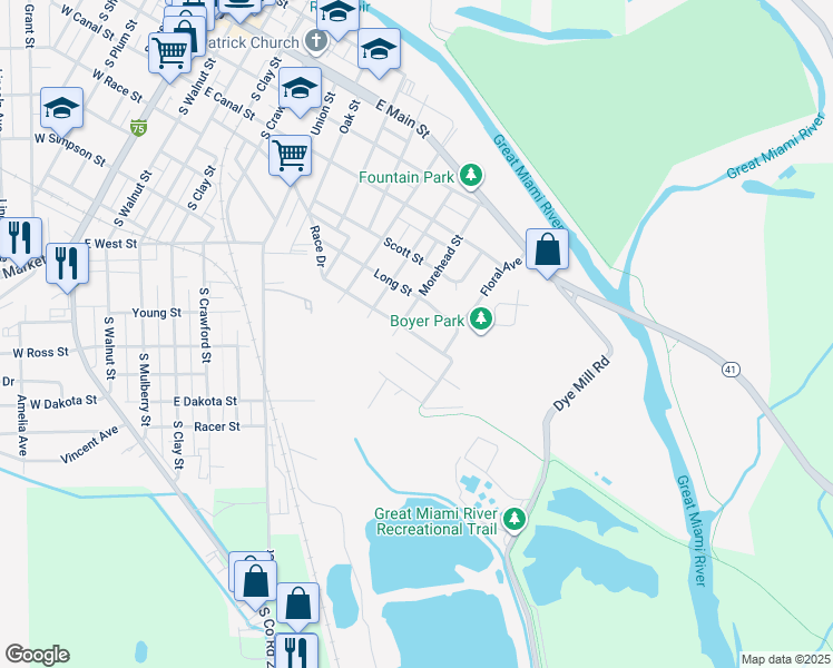 map of restaurants, bars, coffee shops, grocery stores, and more near 1110 Long Street in Troy