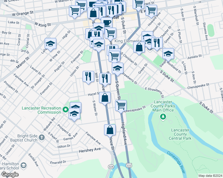 map of restaurants, bars, coffee shops, grocery stores, and more near 465 Beaver Street in Lancaster