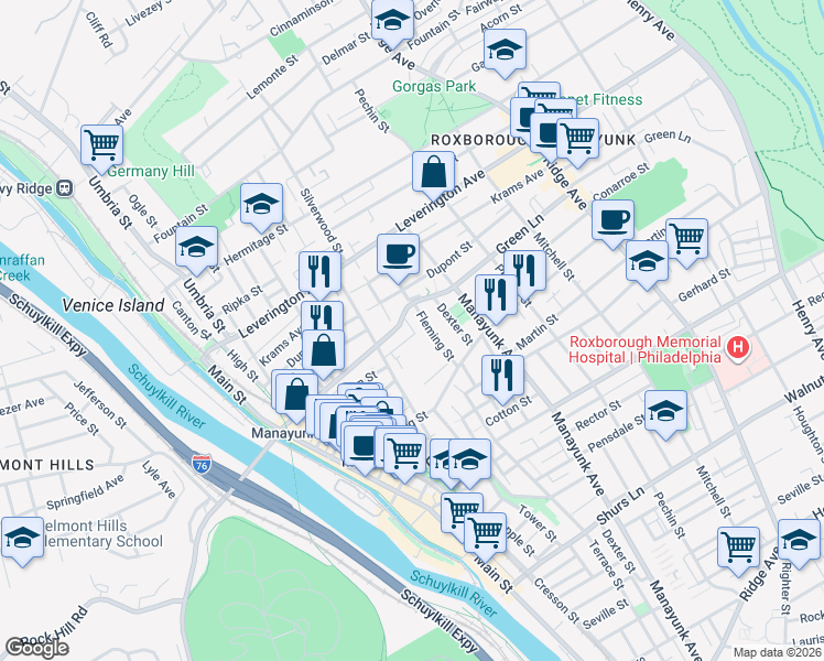map of restaurants, bars, coffee shops, grocery stores, and more near 281 Green Lane in Philadelphia