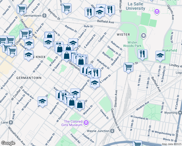 map of restaurants, bars, coffee shops, grocery stores, and more near 28 East Garfield Street in Philadelphia