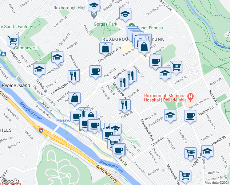 map of restaurants, bars, coffee shops, grocery stores, and more near 4415 Dexter Street in Philadelphia
