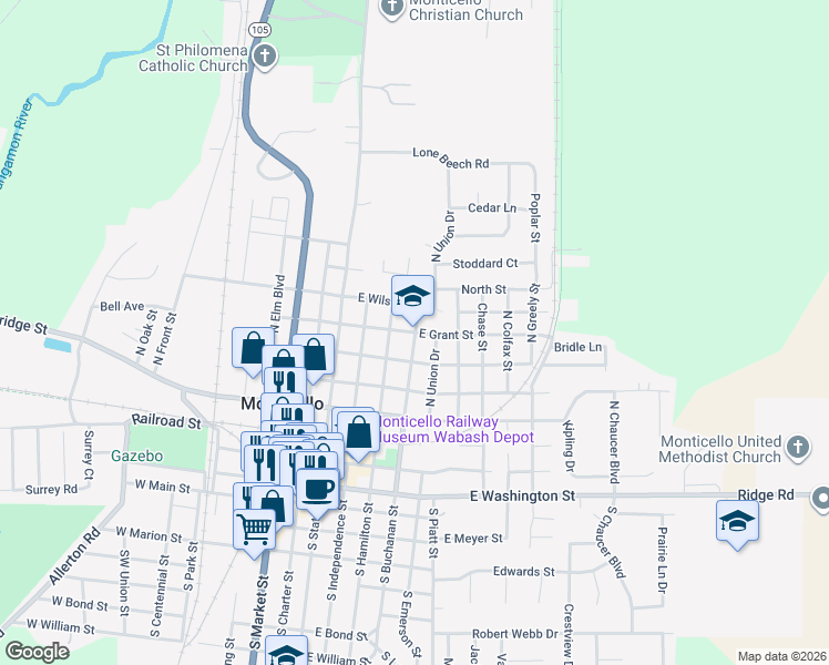 map of restaurants, bars, coffee shops, grocery stores, and more near 700 North Buchanan Street in Monticello