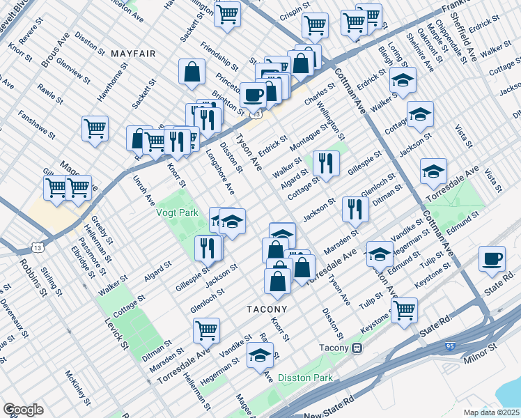 map of restaurants, bars, coffee shops, grocery stores, and more near 4322 Disston Street in Philadelphia