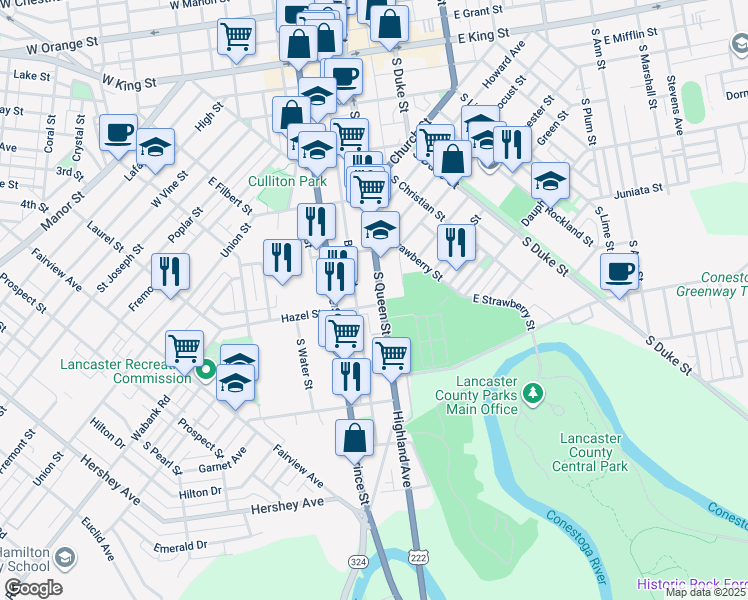 map of restaurants, bars, coffee shops, grocery stores, and more near 458 South Queen Street in Lancaster