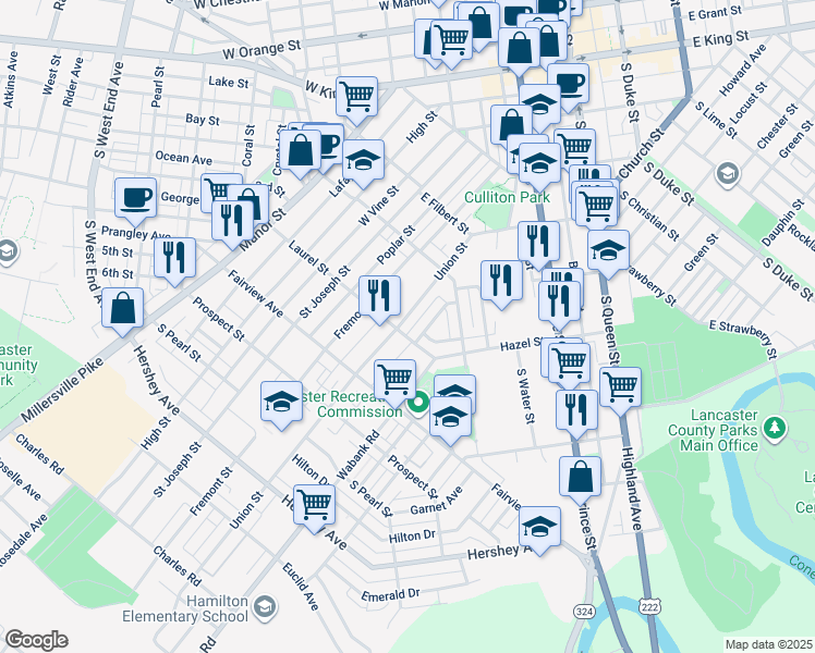 map of restaurants, bars, coffee shops, grocery stores, and more near 676 Union Street in Lancaster