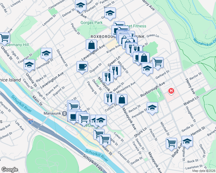 map of restaurants, bars, coffee shops, grocery stores, and more near 360-66 Lyceum Avenue in Philadelphia