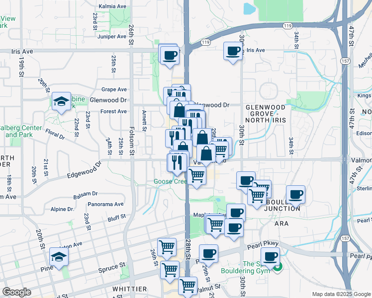 map of restaurants, bars, coffee shops, grocery stores, and more near 28th Street in Boulder County