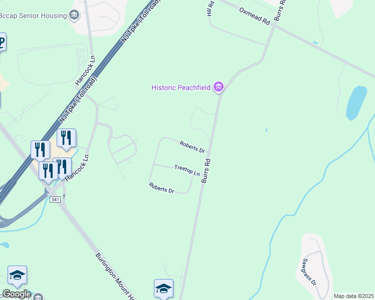 map of restaurants, bars, coffee shops, grocery stores, and more near 5 Roberts Drive in Westampton Township