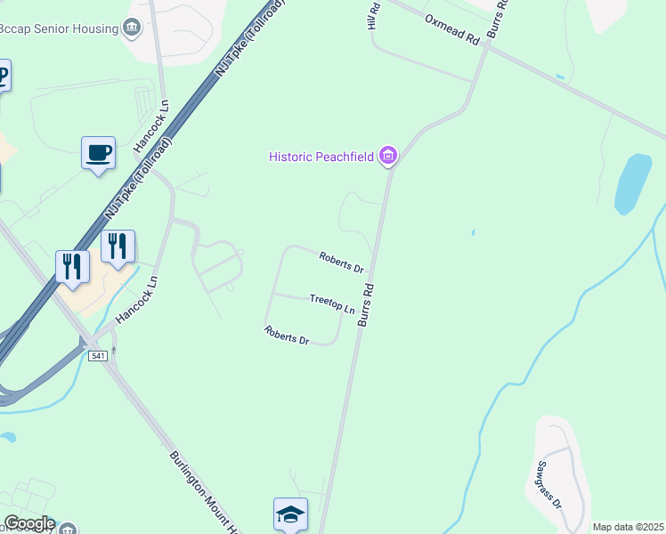 map of restaurants, bars, coffee shops, grocery stores, and more near 5 Roberts Drive in Westampton Township