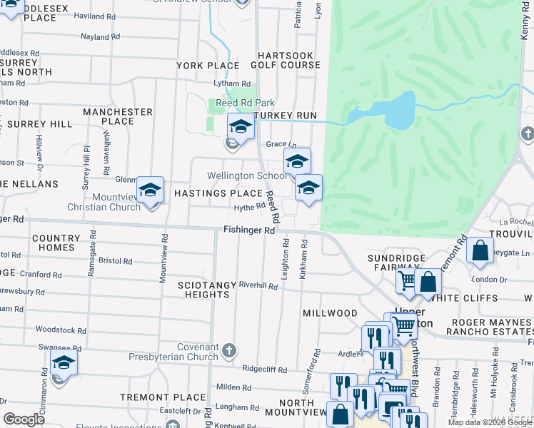 map of restaurants, bars, coffee shops, grocery stores, and more near 3600 Reed Road in Columbus