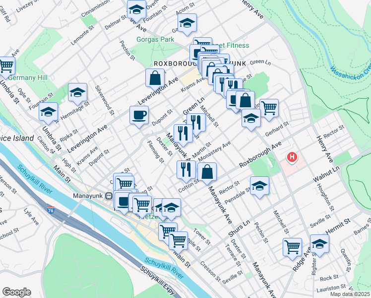 map of restaurants, bars, coffee shops, grocery stores, and more near 360-66 Lyceum Avenue in Philadelphia