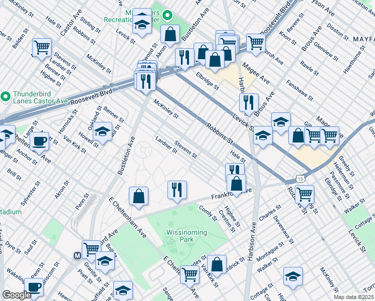 map of restaurants, bars, coffee shops, grocery stores, and more near Stevens Street in Philadelphia