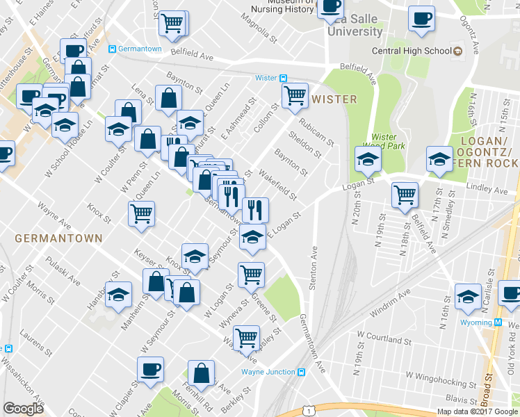 map of restaurants, bars, coffee shops, grocery stores, and more near 37 East Clapier Street in Philadelphia