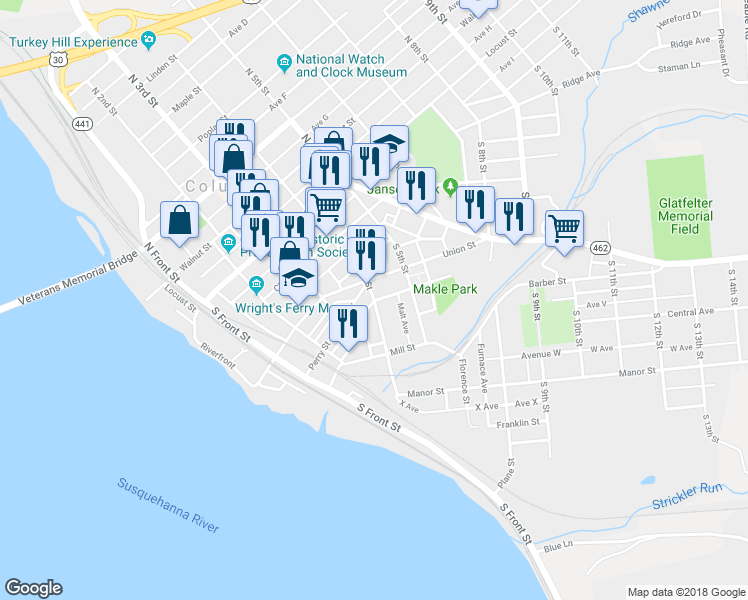 map of restaurants, bars, coffee shops, grocery stores, and more near 401 N Avenue in Columbia
