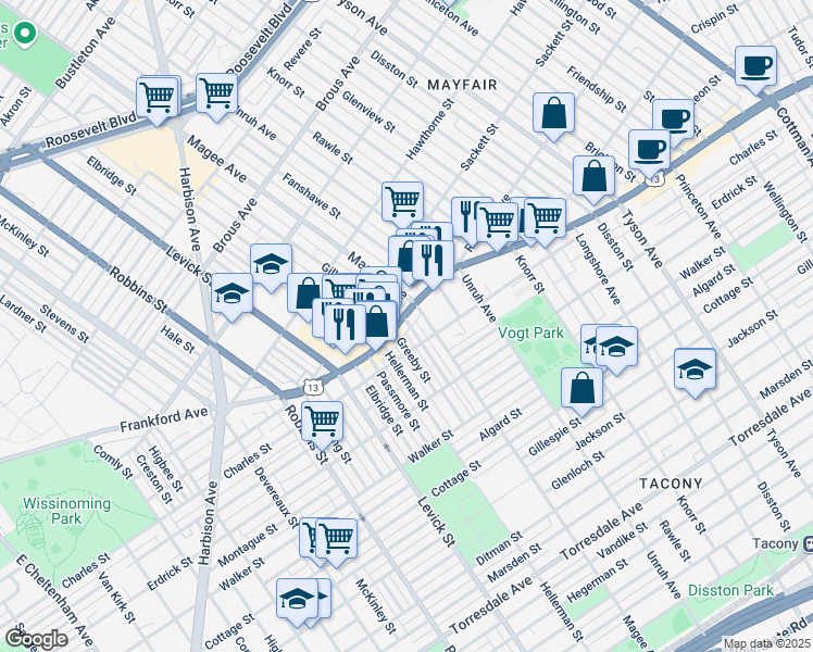 map of restaurants, bars, coffee shops, grocery stores, and more near 6533 Frankford Avenue in Philadelphia