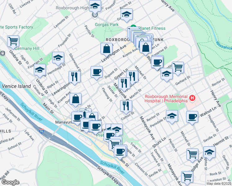 map of restaurants, bars, coffee shops, grocery stores, and more near 4417 Dexter Street in Philadelphia