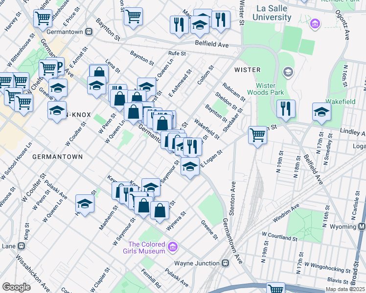 map of restaurants, bars, coffee shops, grocery stores, and more near 28 East Garfield Street in Philadelphia