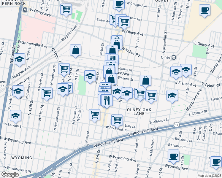map of restaurants, bars, coffee shops, grocery stores, and more near in Philadelphia