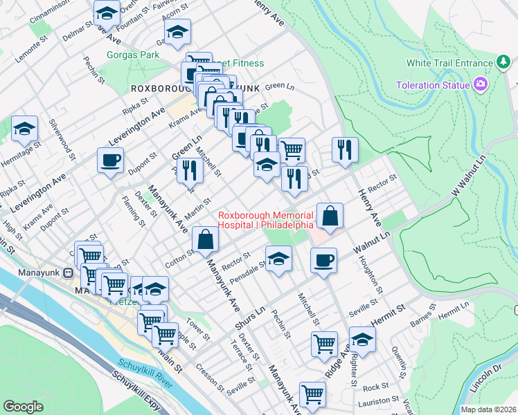 map of restaurants, bars, coffee shops, grocery stores, and more near 481 Monastery Avenue in Philadelphia