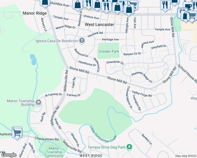 map of restaurants, bars, coffee shops, grocery stores, and more near 513 Garden Hill Lane in Lancaster