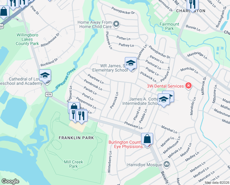 map of restaurants, bars, coffee shops, grocery stores, and more near 61 Peacock Lane in Willingboro