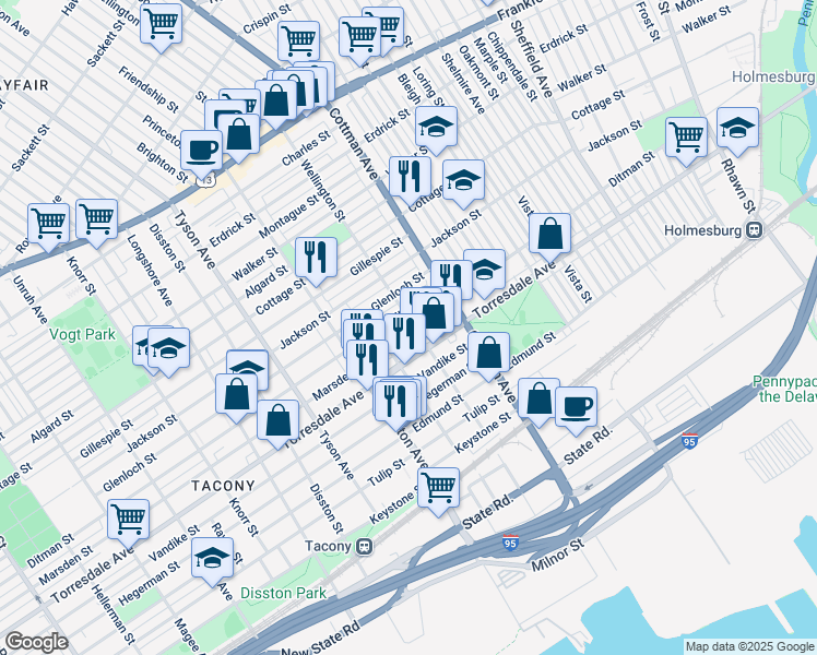 map of restaurants, bars, coffee shops, grocery stores, and more near 7164 Marsden Street in Philadelphia