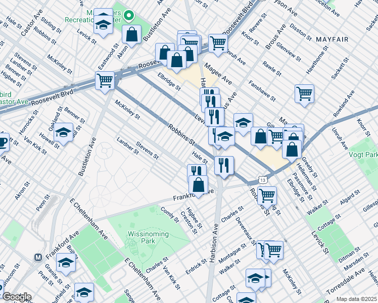 map of restaurants, bars, coffee shops, grocery stores, and more near 6238 Brous Avenue in Philadelphia