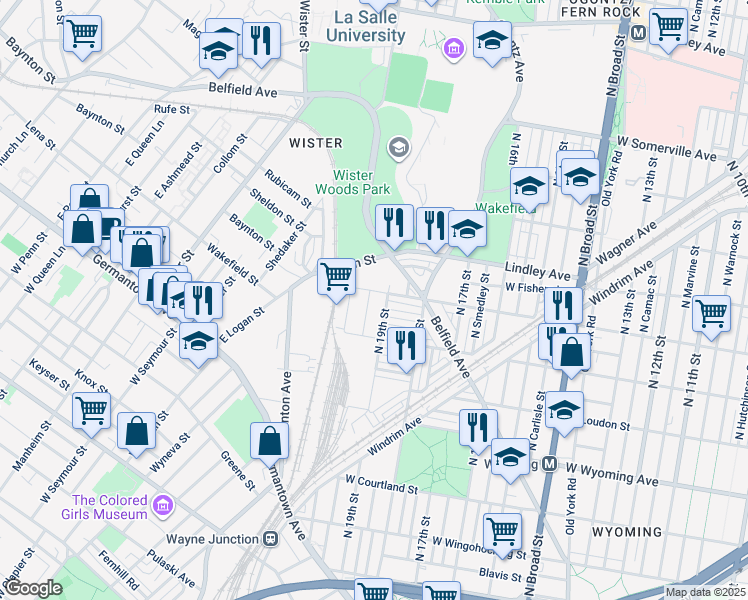 map of restaurants, bars, coffee shops, grocery stores, and more near 4945 North Uber Street in Philadelphia