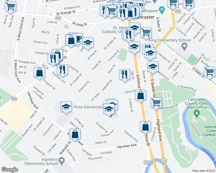 map of restaurants, bars, coffee shops, grocery stores, and more near 650 Hebrank Street in Lancaster