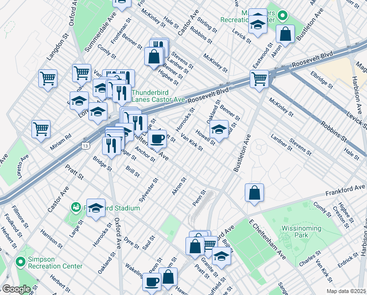 map of restaurants, bars, coffee shops, grocery stores, and more near 5849 Sylvester Street in Philadelphia