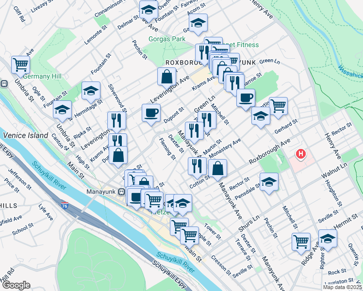 map of restaurants, bars, coffee shops, grocery stores, and more near 4417 Dexter Street in Philadelphia