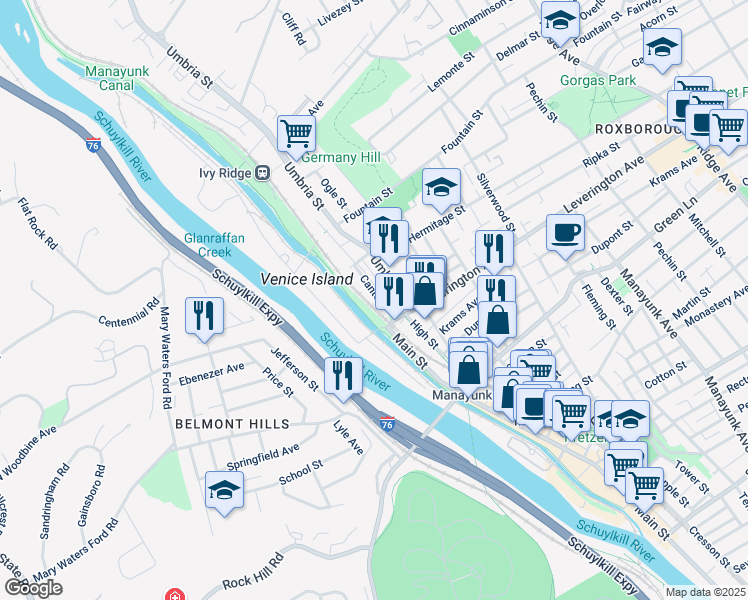 map of restaurants, bars, coffee shops, grocery stores, and more near 4628 Canton Street in Philadelphia