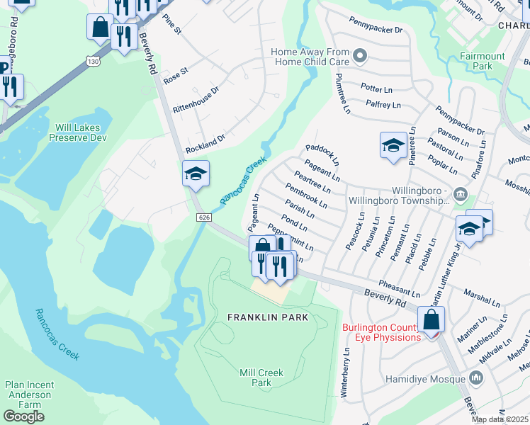 map of restaurants, bars, coffee shops, grocery stores, and more near 1 Pond Lane in Willingboro