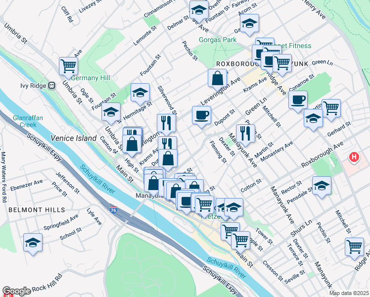 map of restaurants, bars, coffee shops, grocery stores, and more near 4536 Silverwood Street in Philadelphia