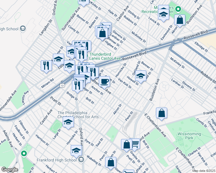 map of restaurants, bars, coffee shops, grocery stores, and more near 1458 Rosalie Street in Philadelphia