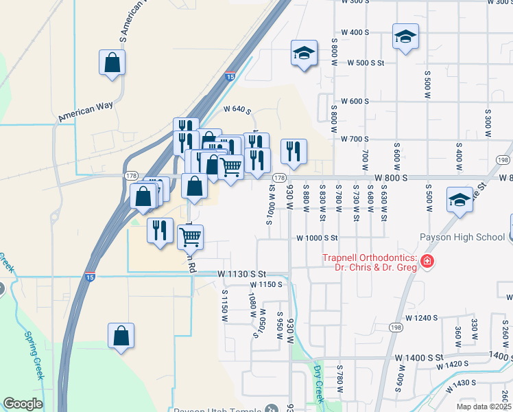 map of restaurants, bars, coffee shops, grocery stores, and more near 1025 West 800 South in Payson