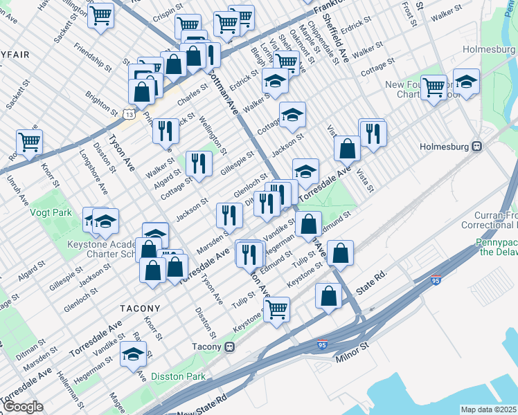 map of restaurants, bars, coffee shops, grocery stores, and more near 7166 Marsden Street in Philadelphia