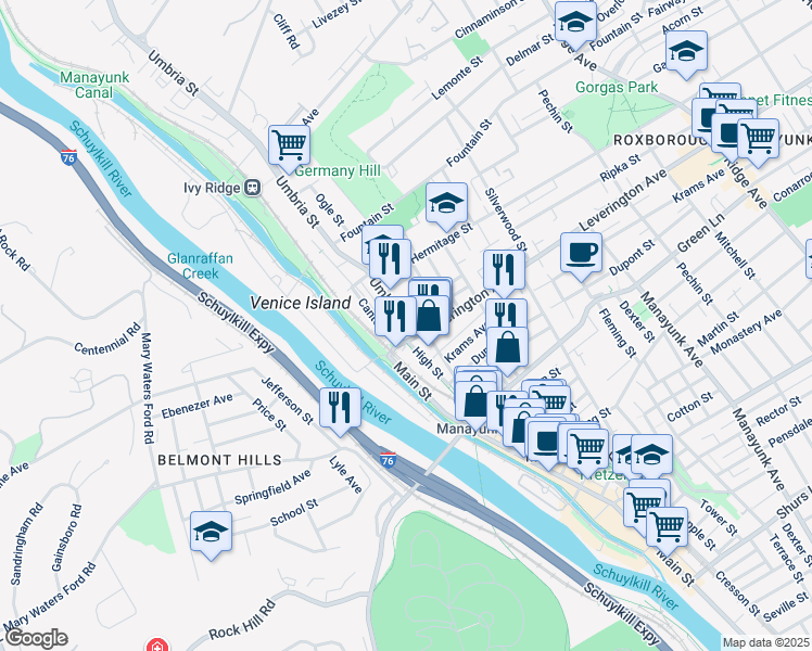 map of restaurants, bars, coffee shops, grocery stores, and more near 4625 Umbria Street in Philadelphia