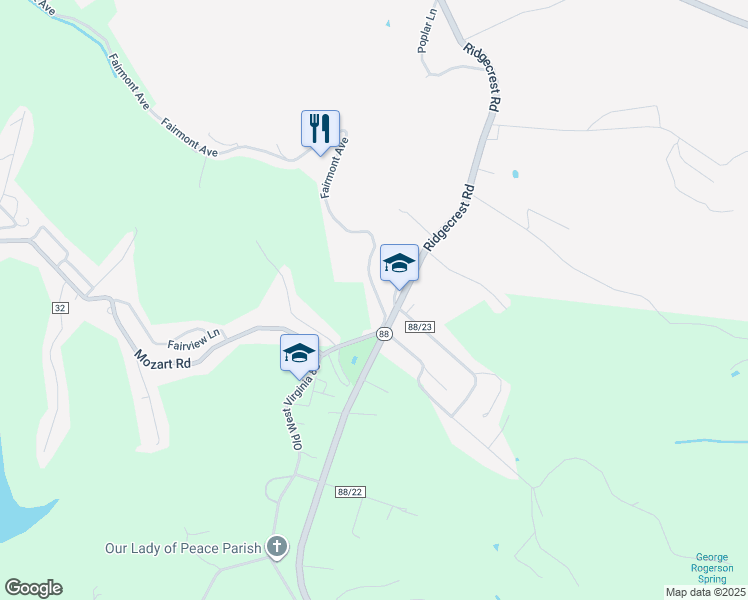 map of restaurants, bars, coffee shops, grocery stores, and more near 518 Fairmont Avenue in Wheeling