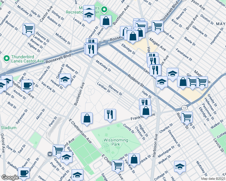 map of restaurants, bars, coffee shops, grocery stores, and more near 2714 Stevens Street in Philadelphia