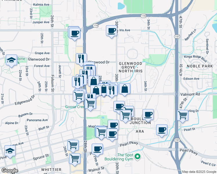 map of restaurants, bars, coffee shops, grocery stores, and more near 2956 Eagle Way in Boulder