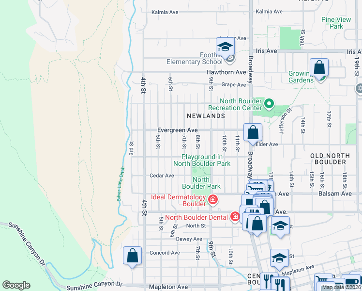 map of restaurants, bars, coffee shops, grocery stores, and more near 3066 7th Street in Boulder