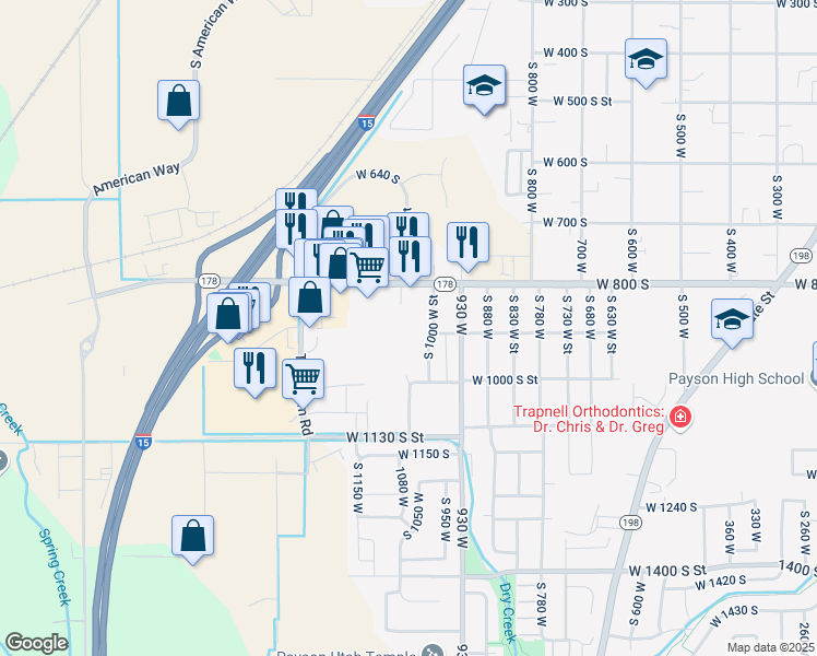 map of restaurants, bars, coffee shops, grocery stores, and more near 1025 West 800 South in Payson