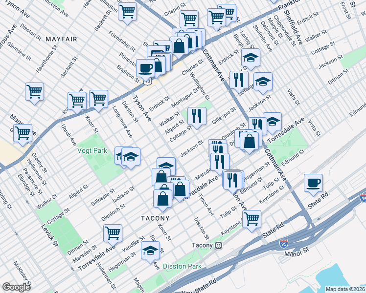 map of restaurants, bars, coffee shops, grocery stores, and more near 7032 Gillespie Street in Philadelphia